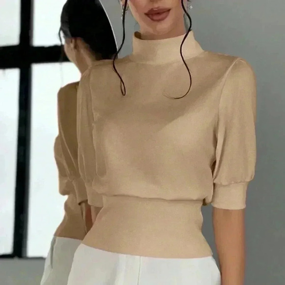 Tops - Apricot Women's Color Stand Collar Waist Cinched Bubble Sleeve Shirt